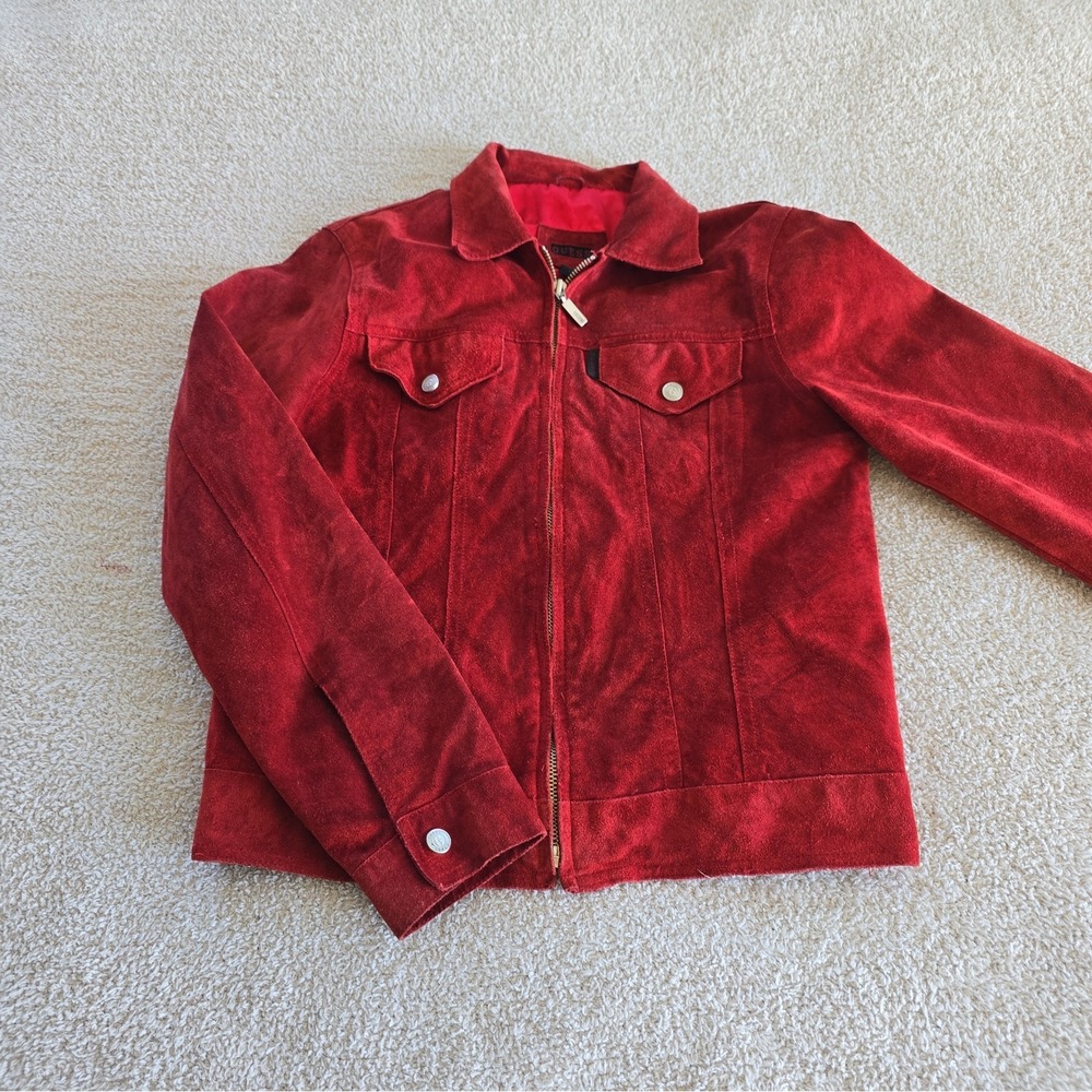 Vintage Y2K Guess Red 100% Genuine Leather Trucker Jacket Women's Size S